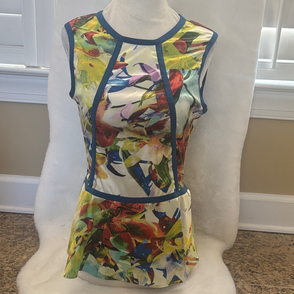 Parker Multicolor Floral Print Sleeveless Peplum Top with Blue Trim